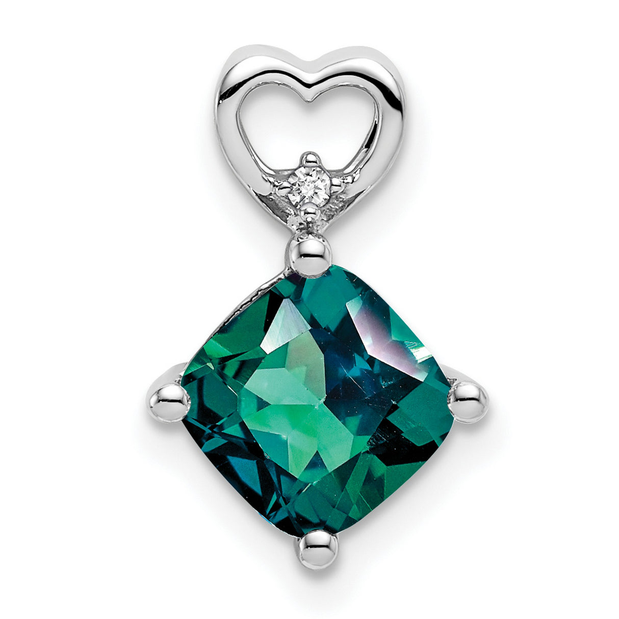 14k White Gold Pendant with Cushion Cut Lab Created Alexandrite, Heart Bail, Diamond Accent