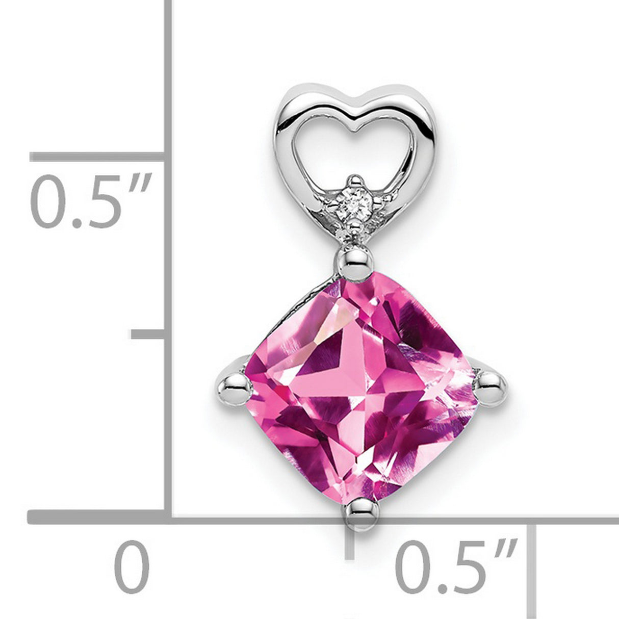 14k White Gold Pendant with Pink Cushion Cut Lab Created Sapphire, Heart Design, Diamond Accent