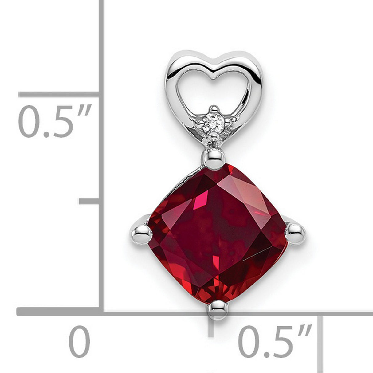 14k White Gold Pendant with Cushion Cut Lab Created Ruby and Diamond Accent, Heart Design