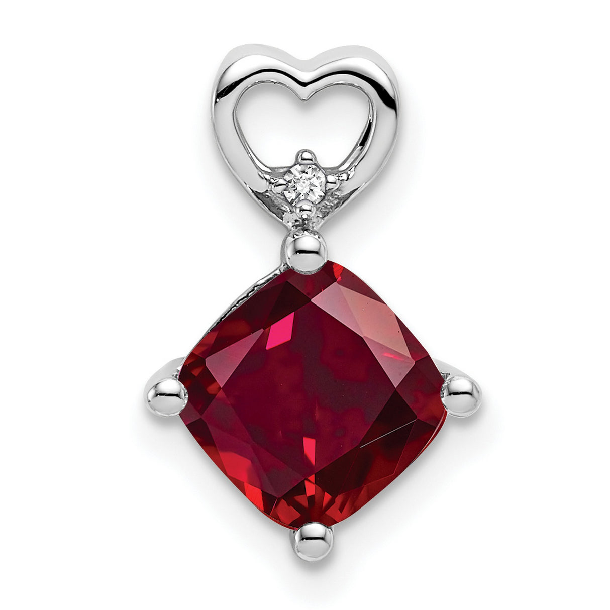 14k White Gold Pendant with Cushion Cut Lab Created Ruby and Diamond Accent, Heart Design