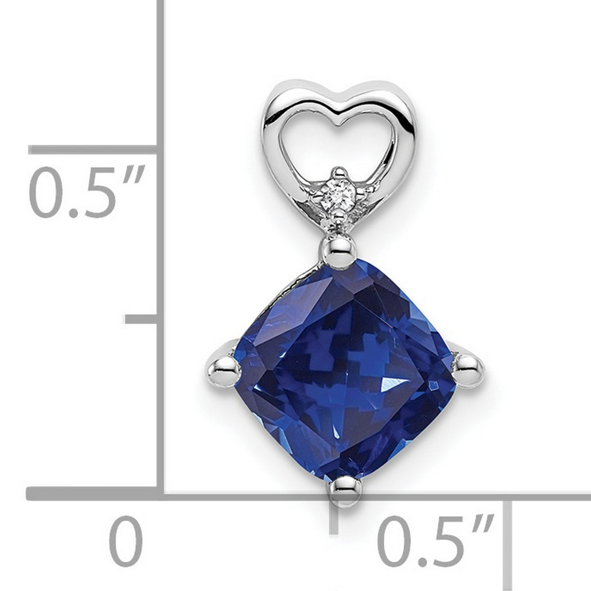 14k White Gold Pendant with Cushion Cut Lab Created Sapphire, Diamond Accent, Heart Design
