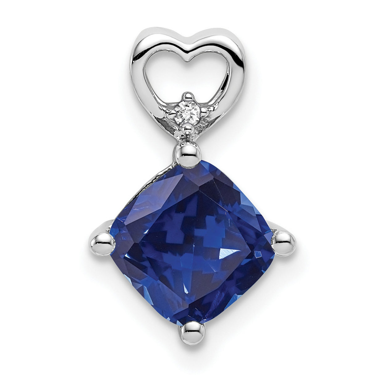 14k White Gold Pendant with Cushion Cut Lab Created Sapphire, Diamond Accent, Heart Design