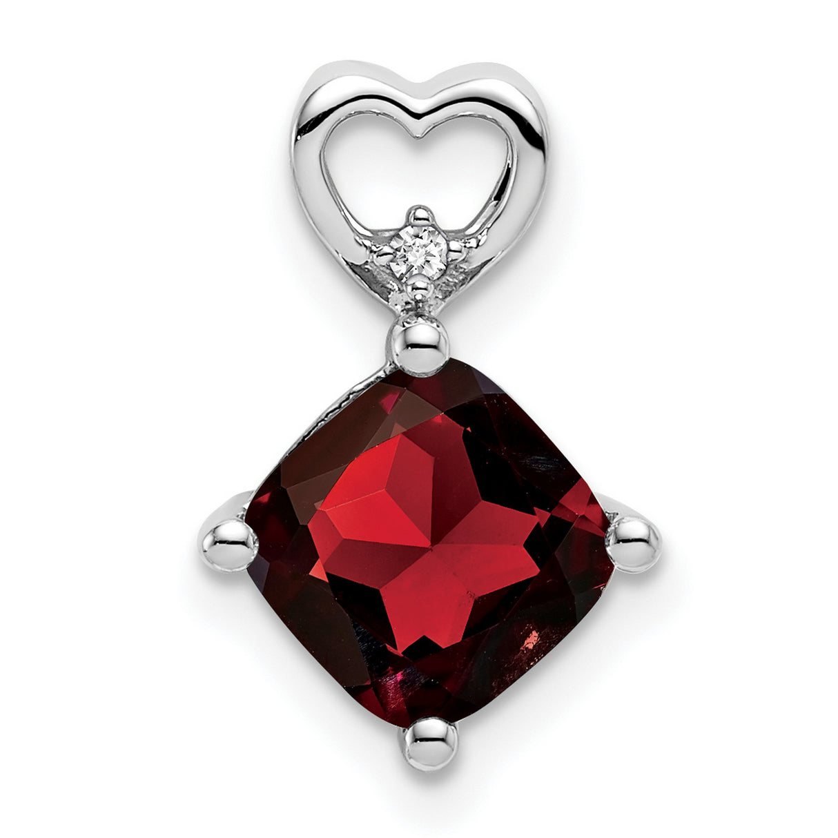 14k White Gold Heart Pendant with Cushion Cut Garnet Drop and Diamond Accent