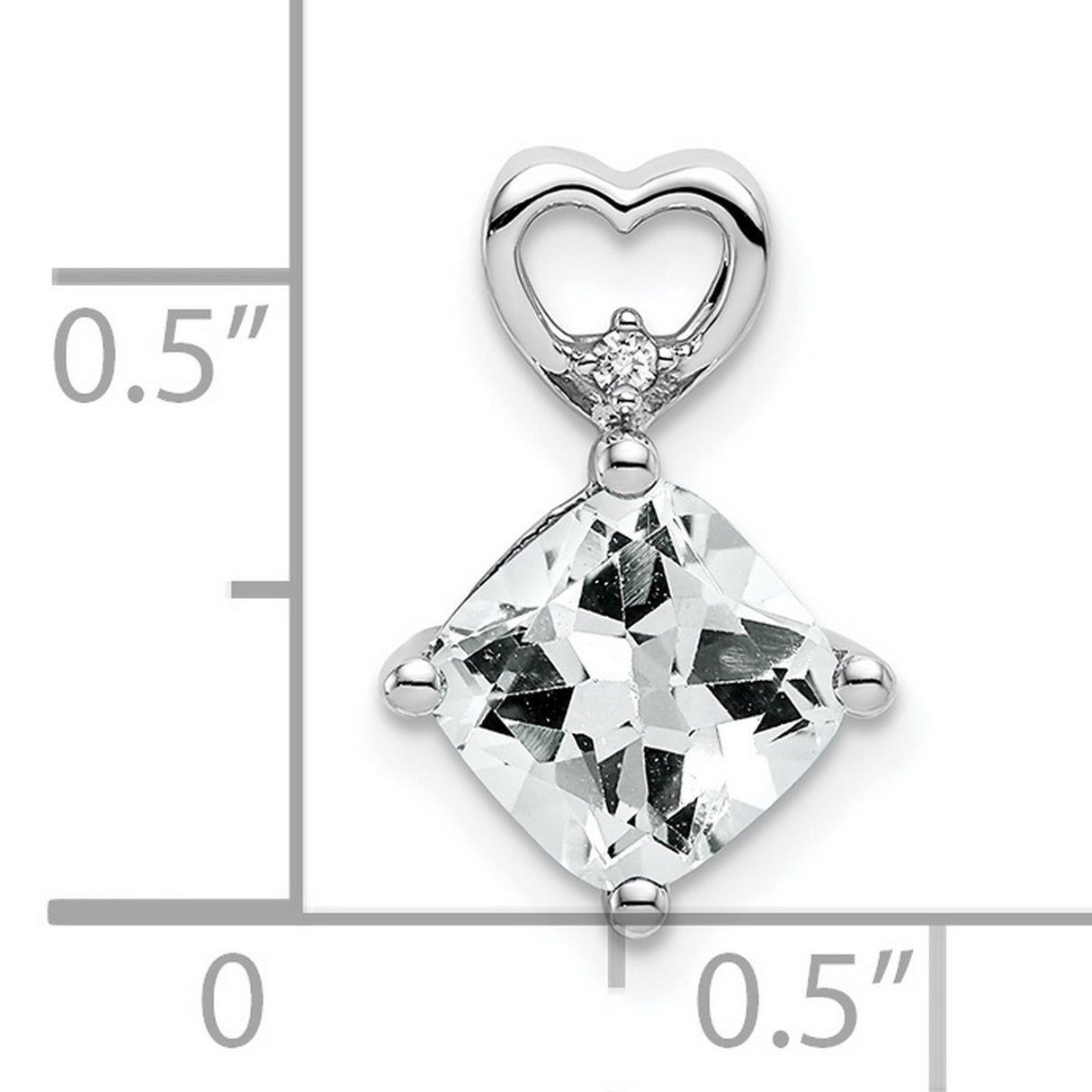 14k White Gold Pendant with Cushion Cut White Topaz, Diamond Accent, Open Heart Design