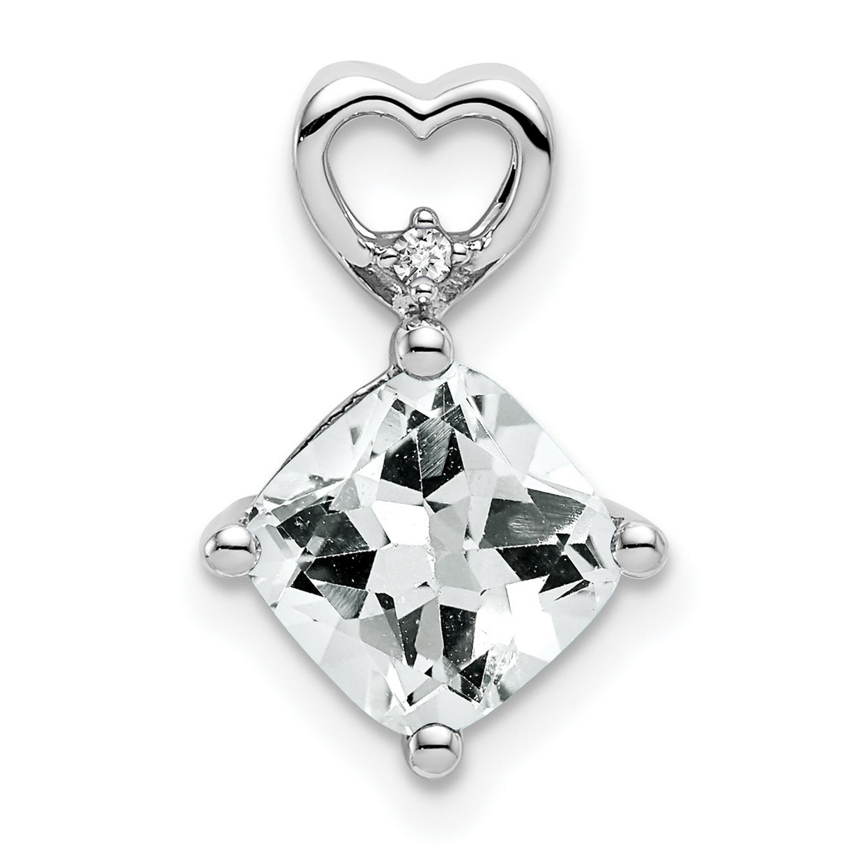 14k White Gold Pendant with Cushion Cut White Topaz, Diamond Accent, Open Heart Design