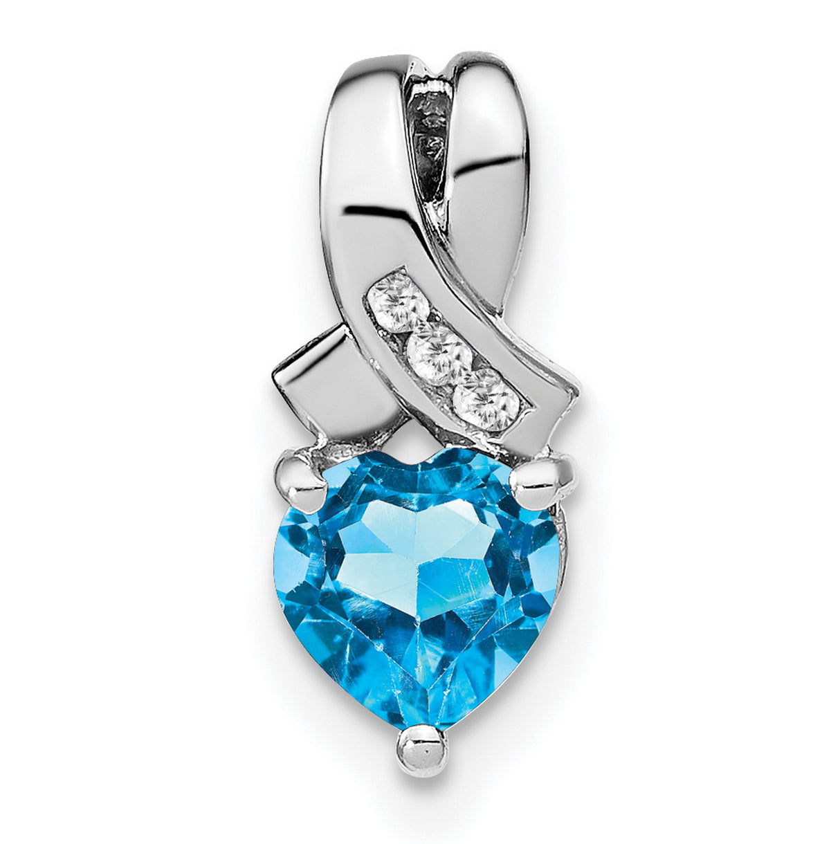 Sterling Silver Heart Pendant with Swiss Blue Topaz and Diamond Accents, Ribbon Design for Women