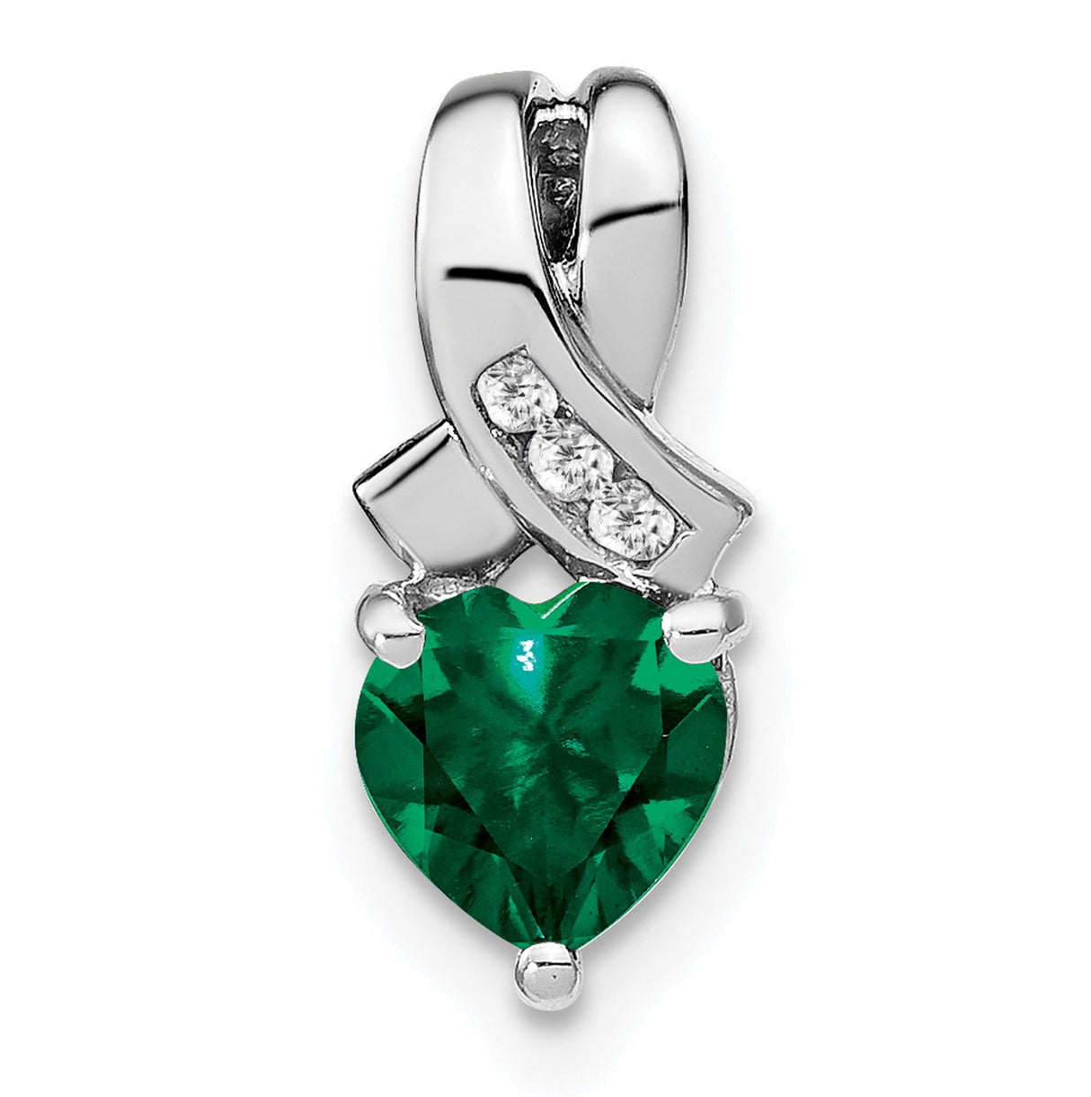 Sterling Silver Heart Pendant with Emerald and Diamond Accents in Ribbon Design