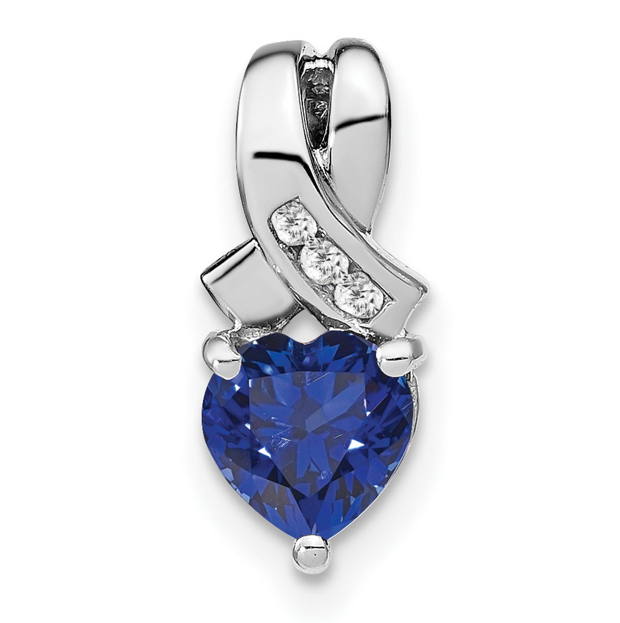 Sterling Silver Heart Pendant with Lab Created Sapphire and Diamond Accents, Ribbon Design