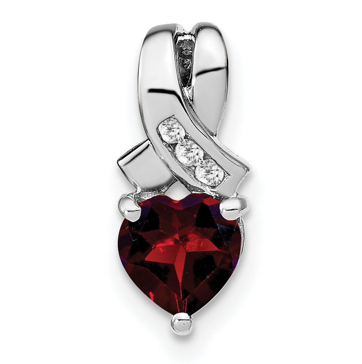 Sterling Silver Heart Pendant with Garnet and Diamond Accents, Ribbon Design, Romantic Style