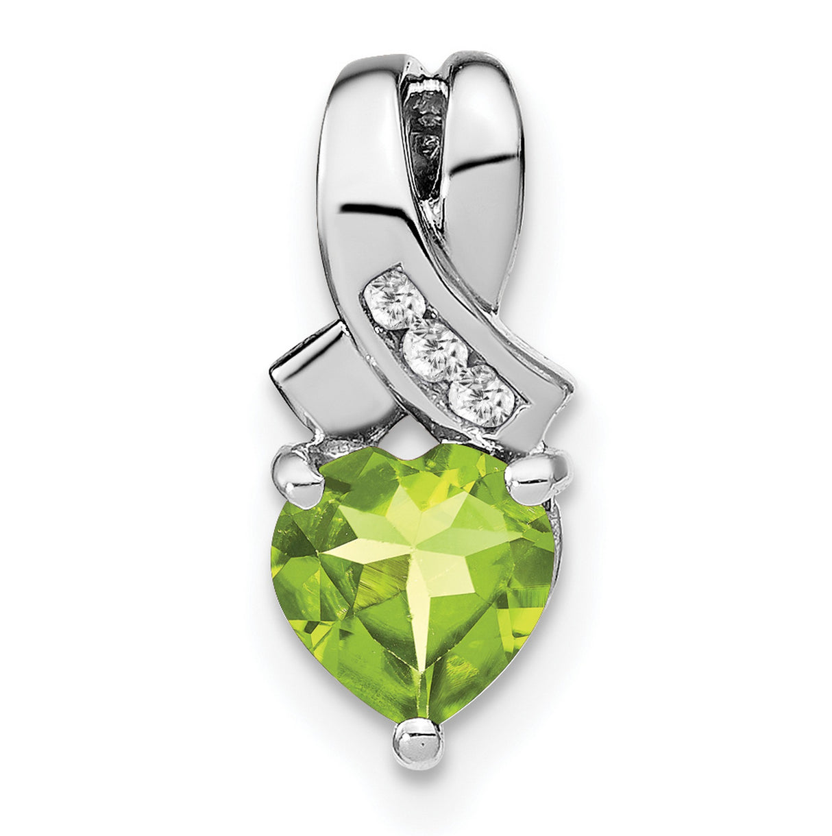 Sterling Silver Heart Pendant with Peridot and Diamond Accents, Curved Ribbon Design