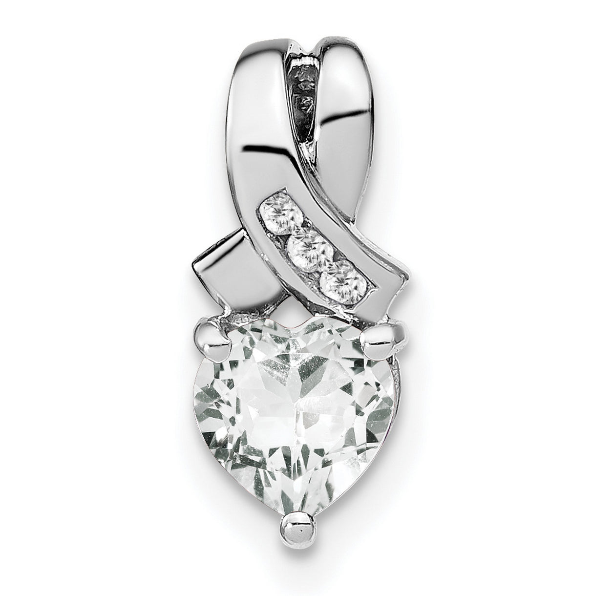 Sterling Silver Heart Pendant with White Topaz and Diamond Ribbon Design for Women