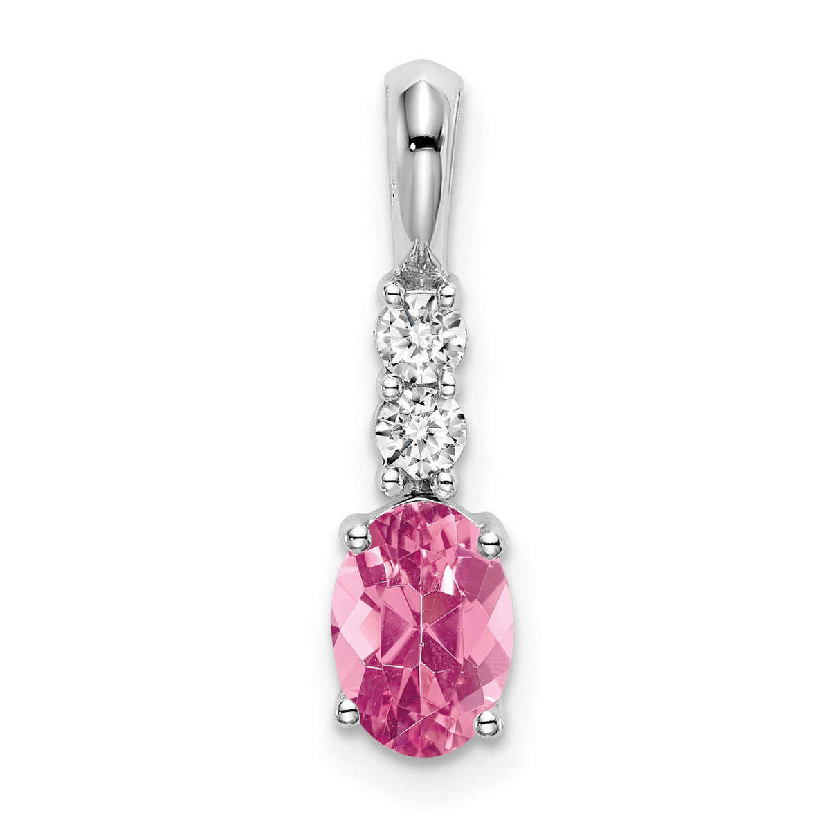 14k White Gold Pendant with Oval Pink Tourmaline and Diamond Accents, Vertical Minimalist Style