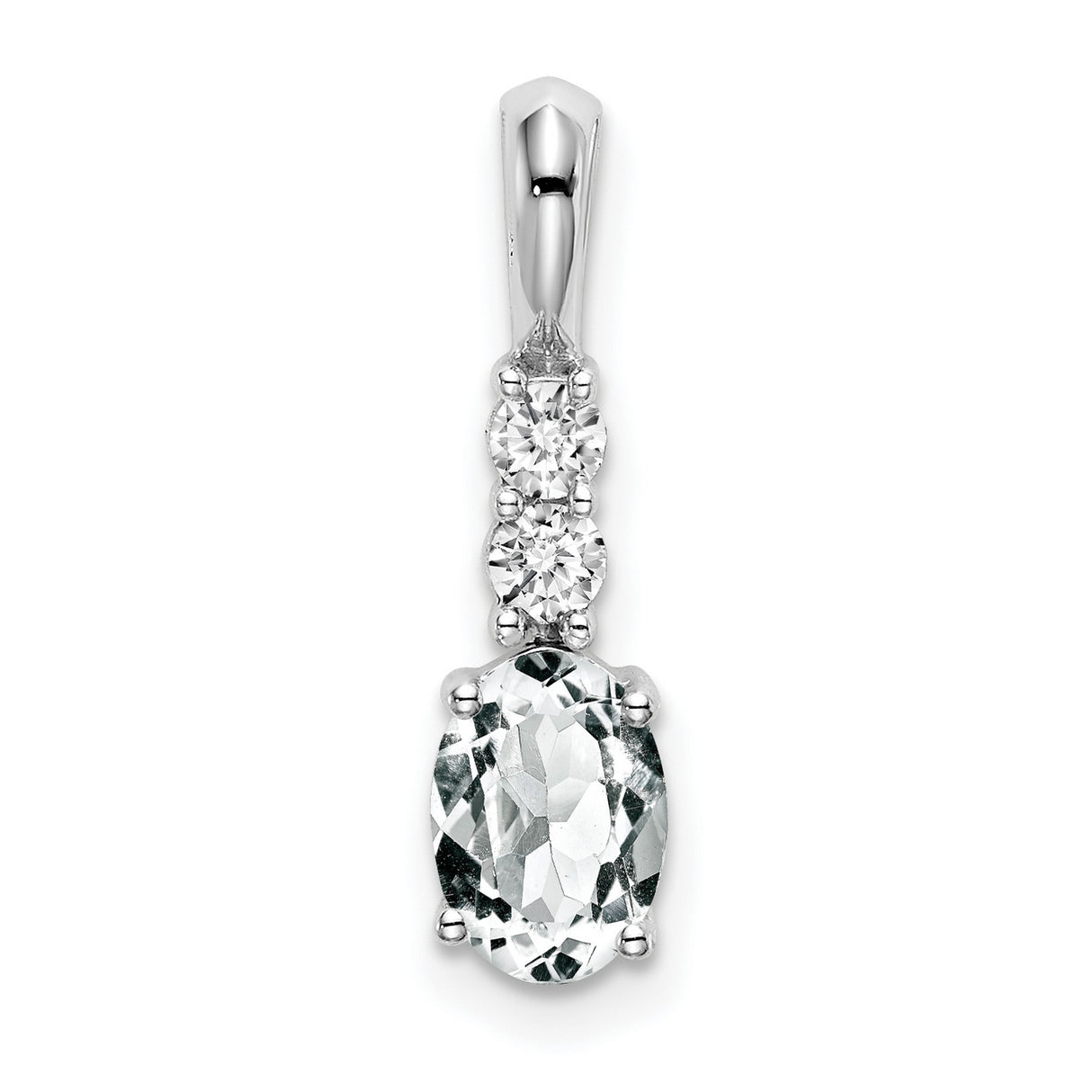 Oval White Topaz and Diamond Charm Pendant in Real 14k White Gold
