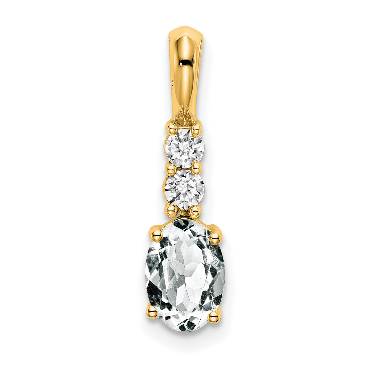 14k Yellow Gold Pendant with Oval White Topaz and Diamond Accents, Vertical Drop Design