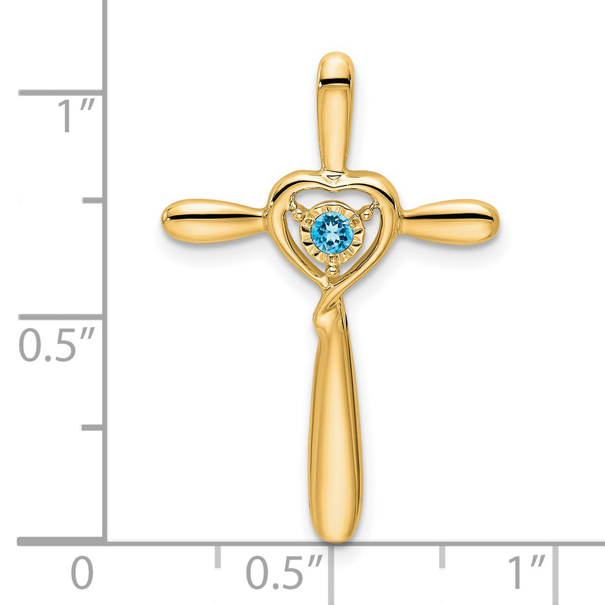 14k Yellow Gold Cross Pendant with Sky Blue Topaz Heart, Spiritual Charm for Men and Women