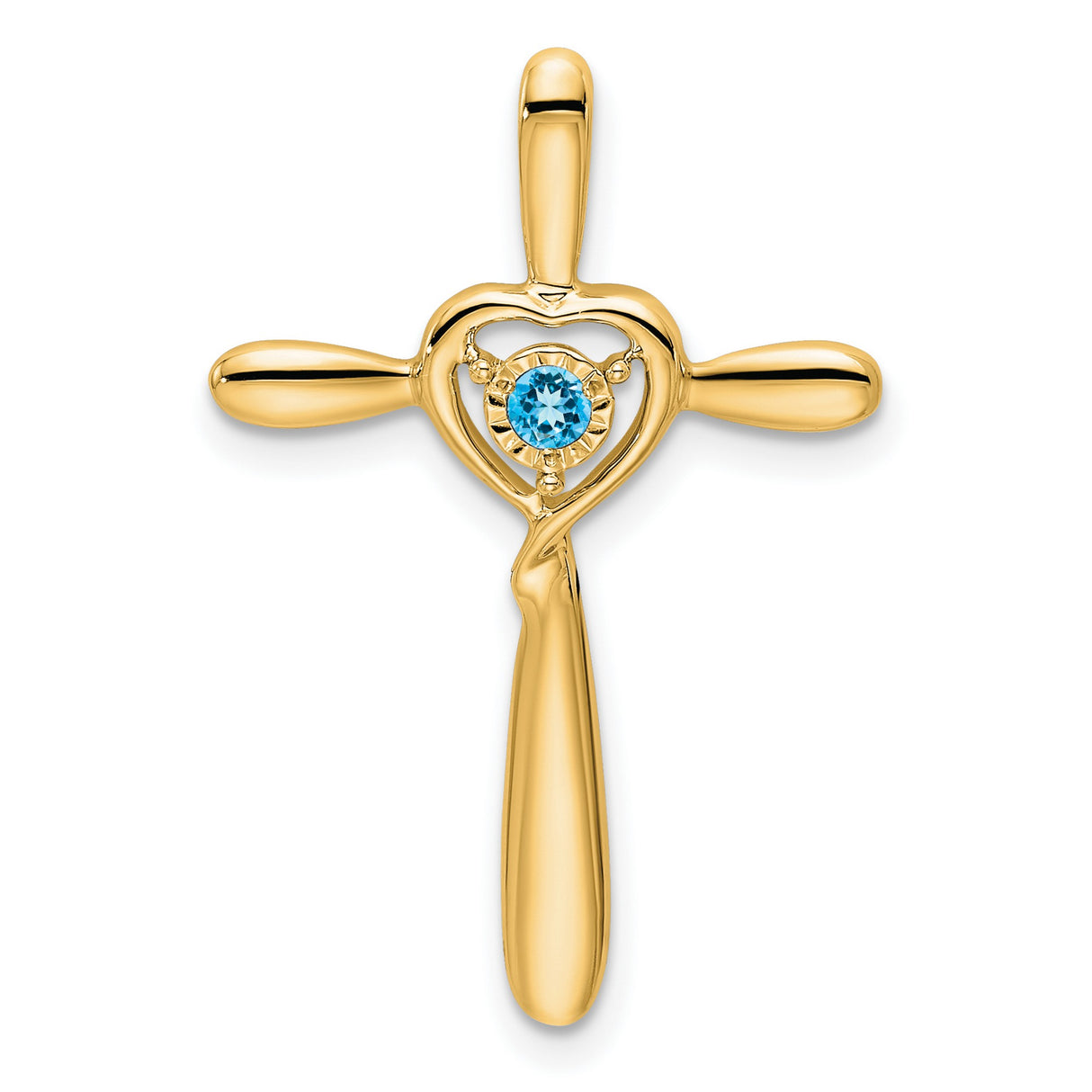 14k Yellow Gold Cross Pendant with Sky Blue Topaz Heart, Spiritual Charm for Men and Women