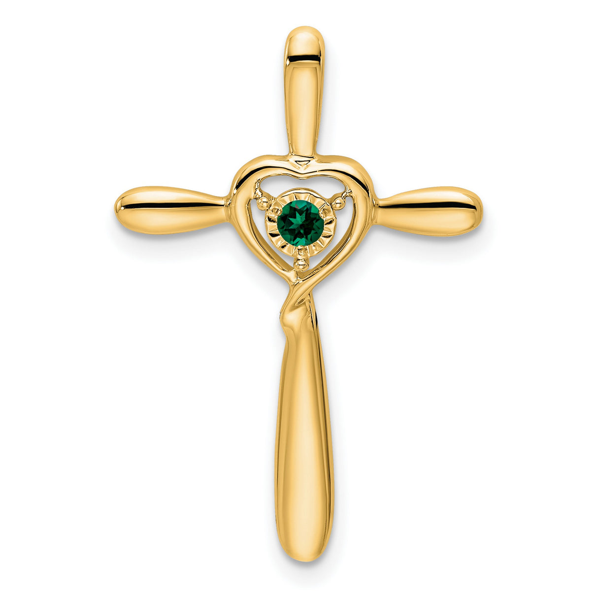14k Yellow Gold Cross Pendant with Lab Created Emerald and Heart Detail