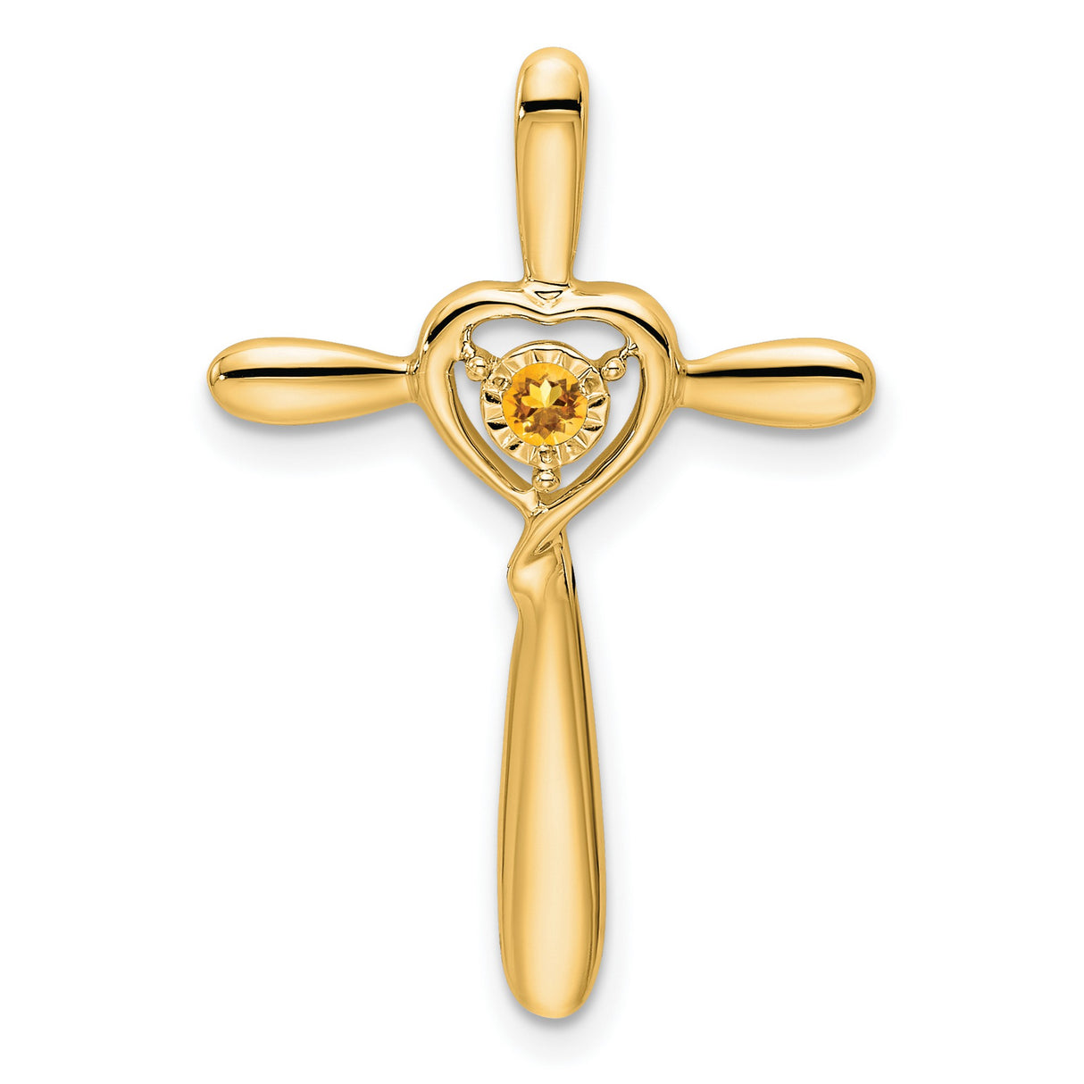 14k Yellow Gold Cross Pendant with Citrine Heart, Polished Twist Design for Men and Women