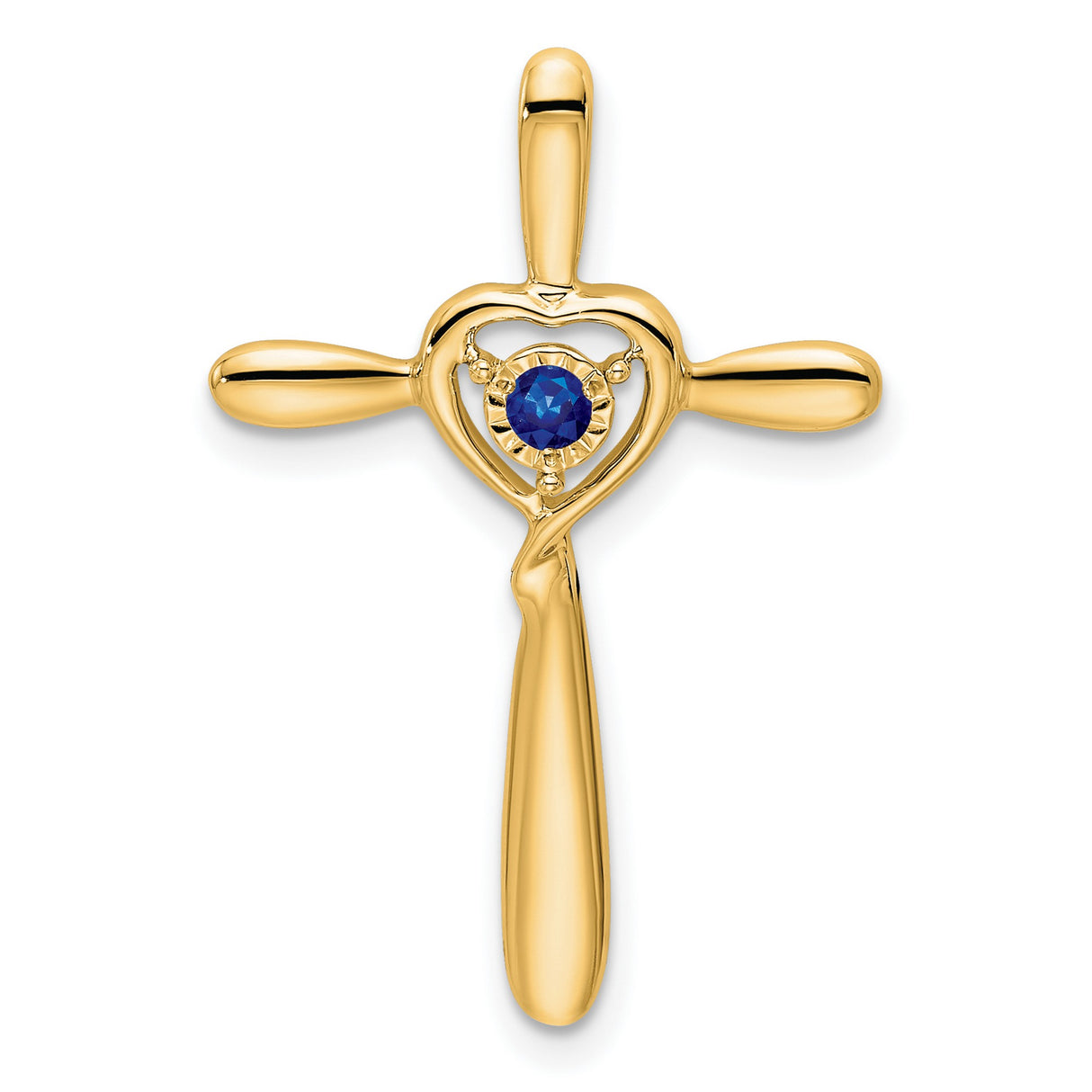 14k Yellow Gold Cross Pendant with Lab Created Sapphire and Heart Charm