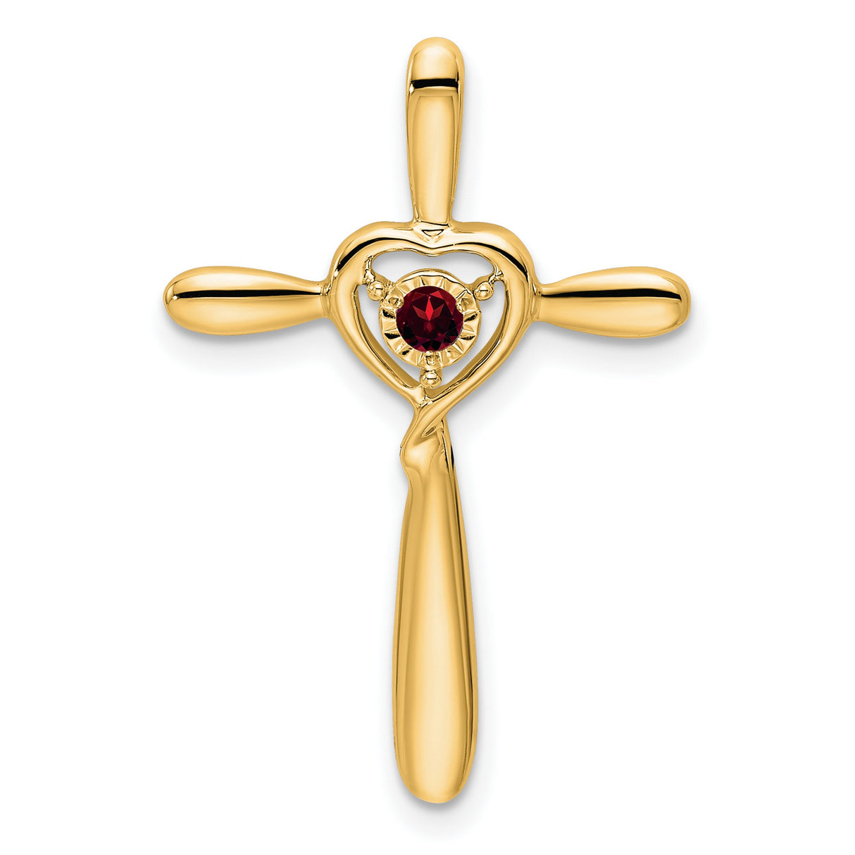 14k Yellow Gold Garnet Heart Cross Pendant with Polished Finish and Curved Arms