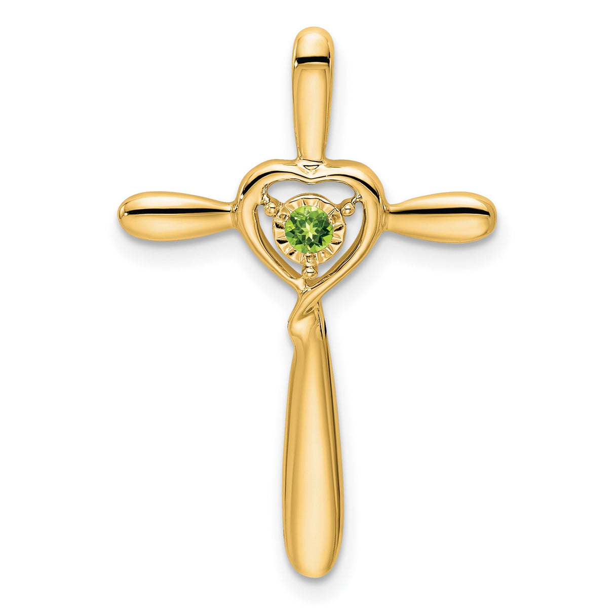 14k Yellow Gold Cross Pendant with Peridot and Heart Accent Slide Design