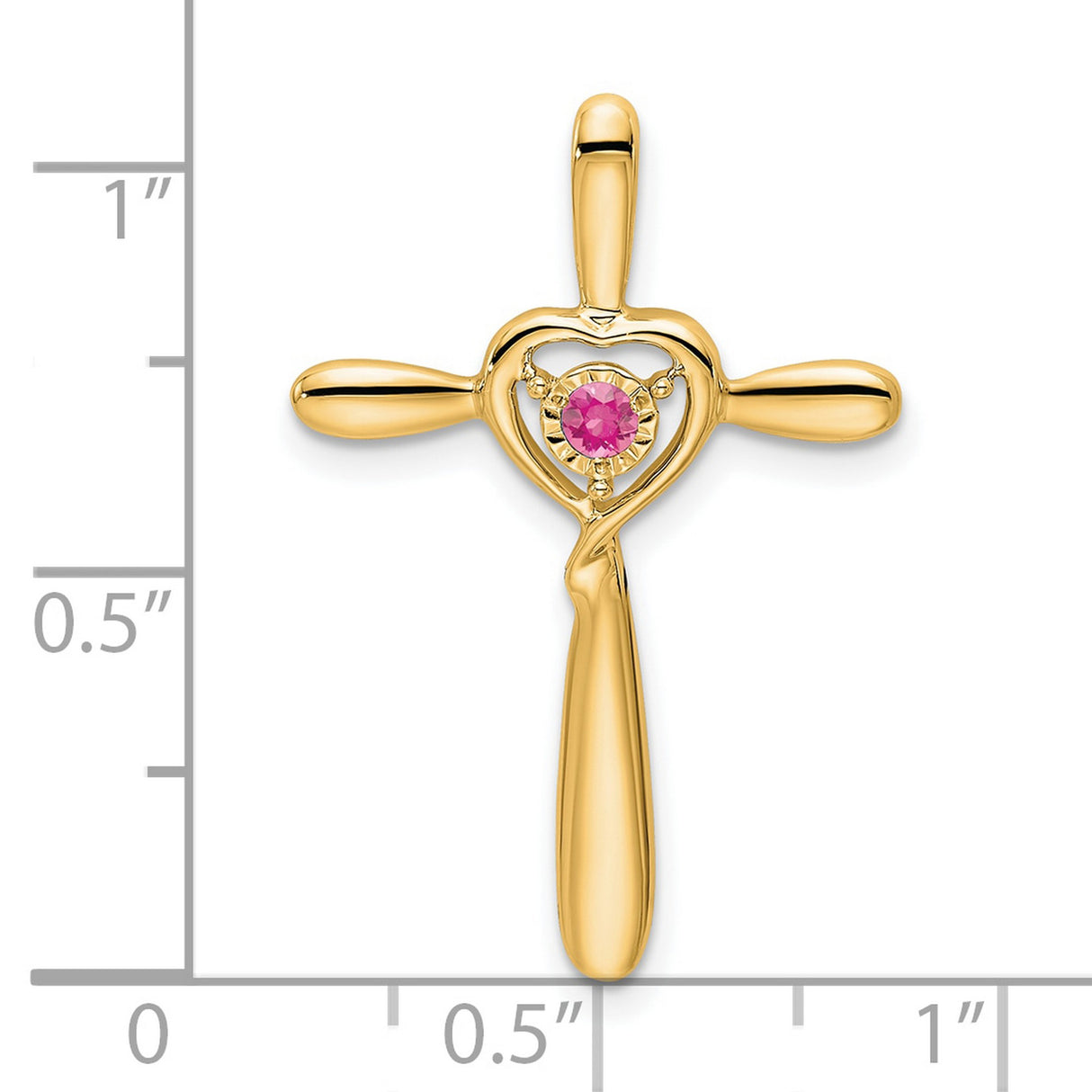 14k Yellow Gold Cross Pendant with Pink Tourmaline Heart, Spiritual Symbol Charm