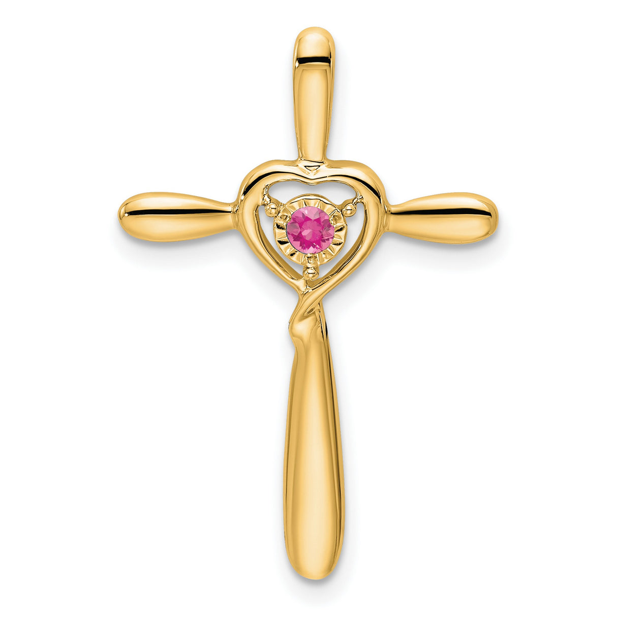 14k Yellow Gold Cross Pendant with Pink Tourmaline Heart, Spiritual Symbol Charm