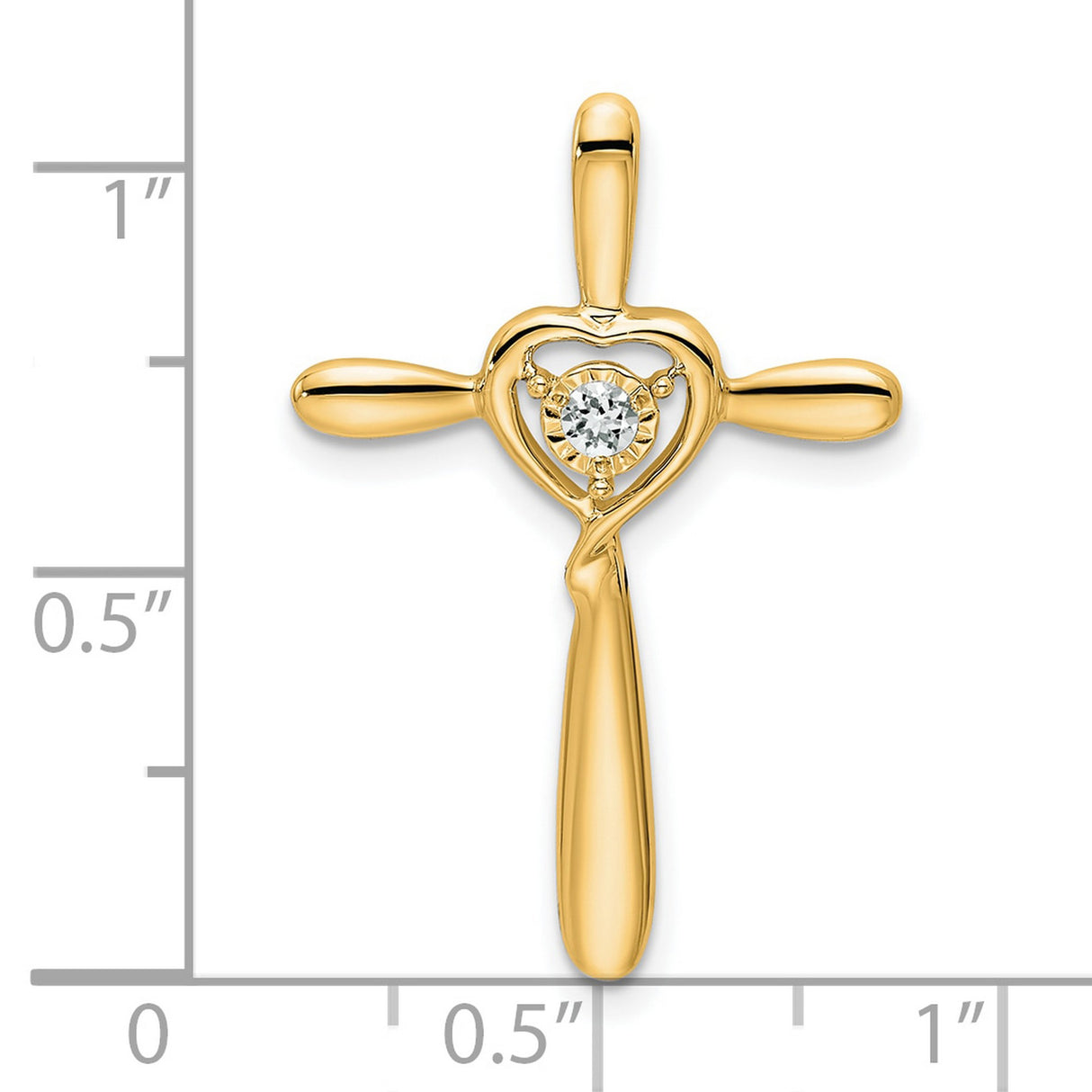14k Yellow Gold Cross Pendant with White Topaz and Heart Accent, Religious Charm for Men and Women