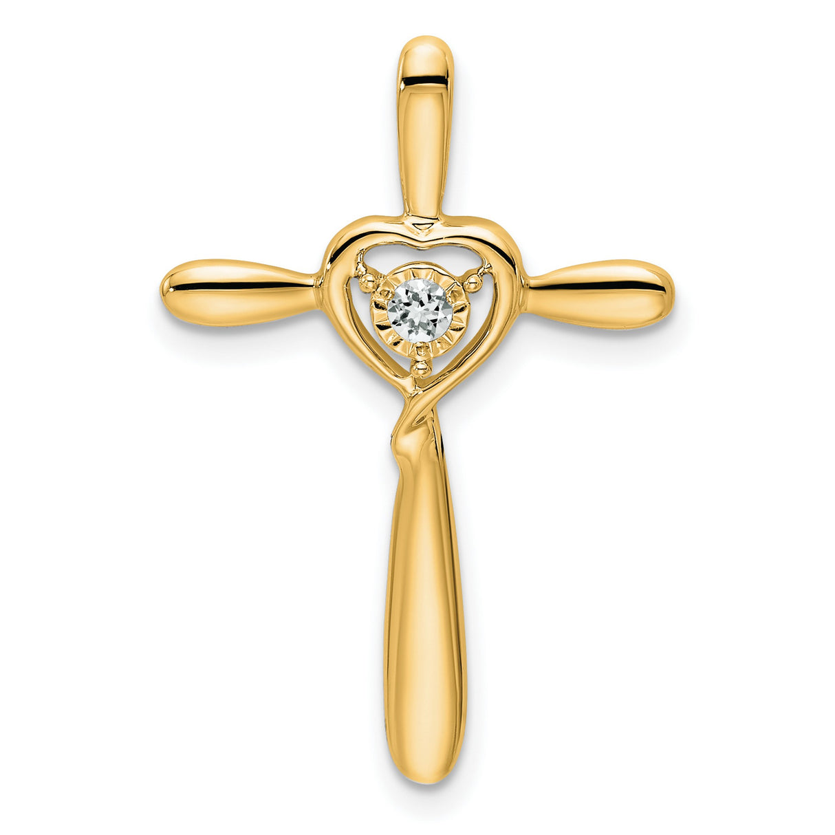 14k Yellow Gold Cross Pendant with White Topaz and Heart Accent, Religious Charm for Men and Women