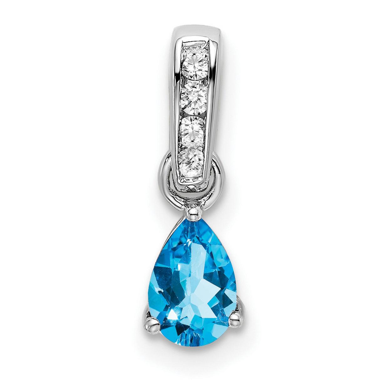 10k White Gold Pendant with Pear Shaped Swiss Blue Topaz and Vertical Diamonds