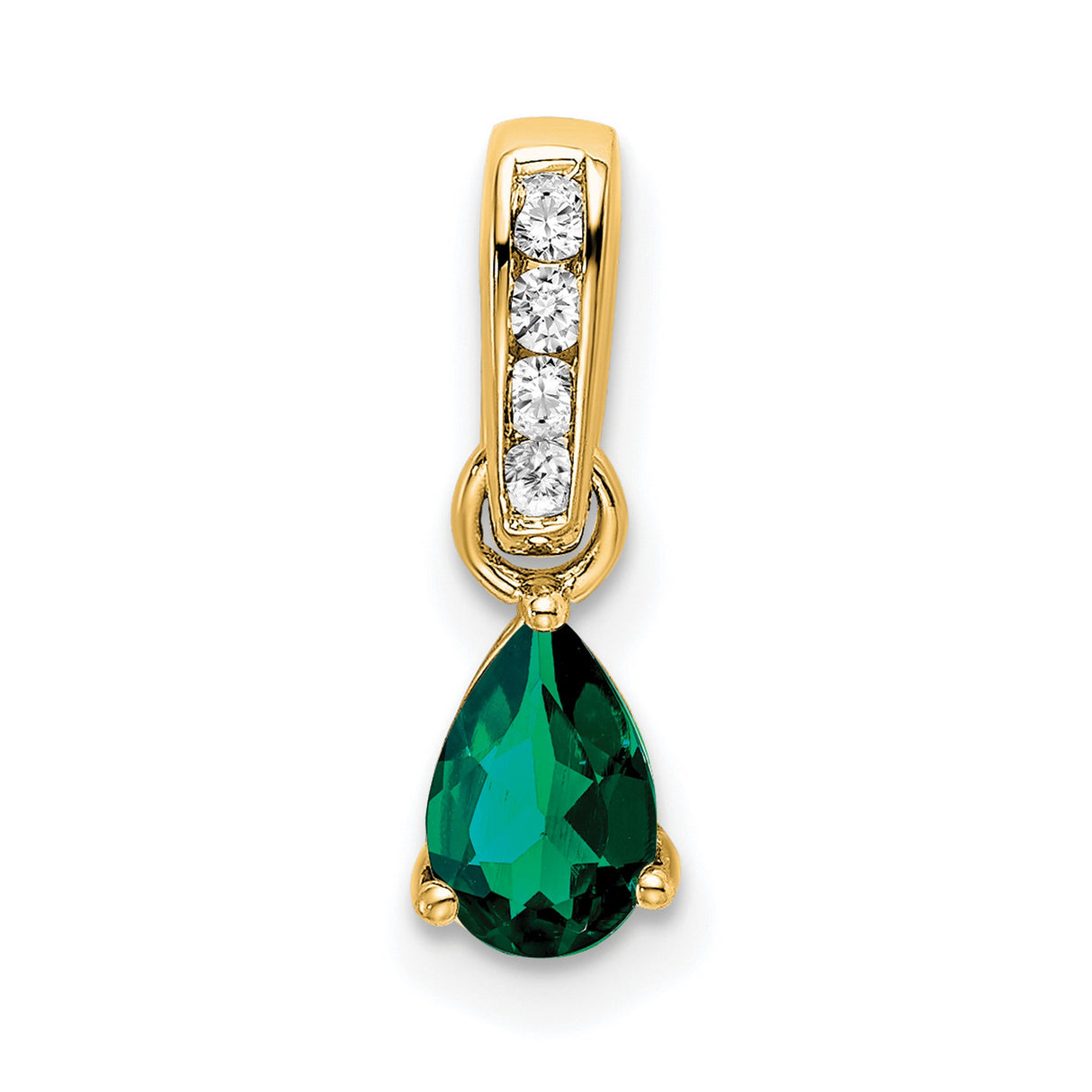 14k Yellow Gold Pendant with Pear Shaped Lab Created Emerald and Diamond Bail