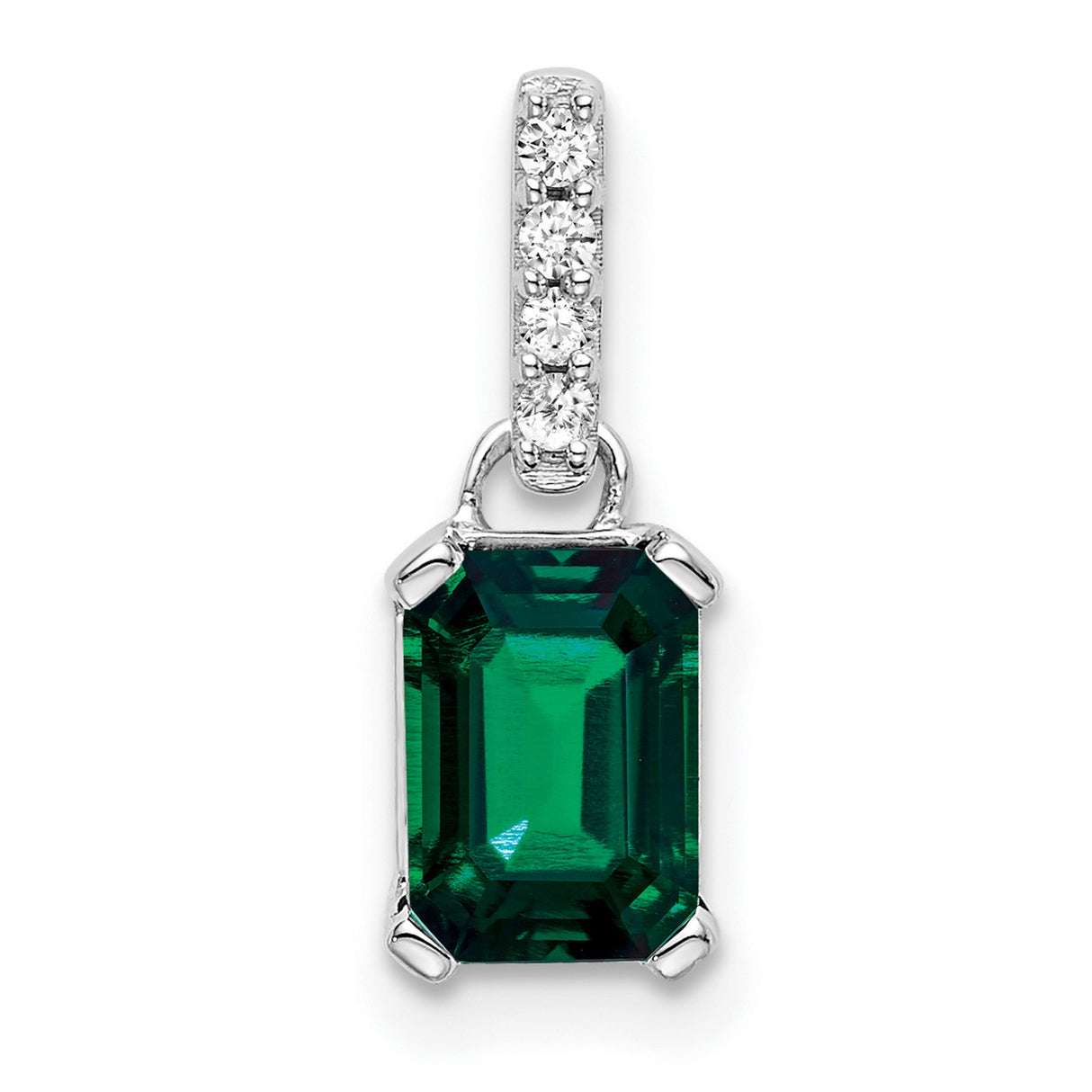 14k White Gold Pendant with Emerald Cut Lab Created Emerald and Diamond Accents