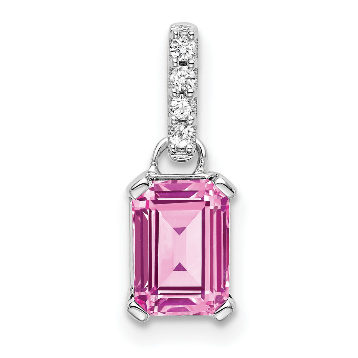 10k White Gold Pendant with Emerald Cut Lab Created Pink Sapphire and Diamond Bail