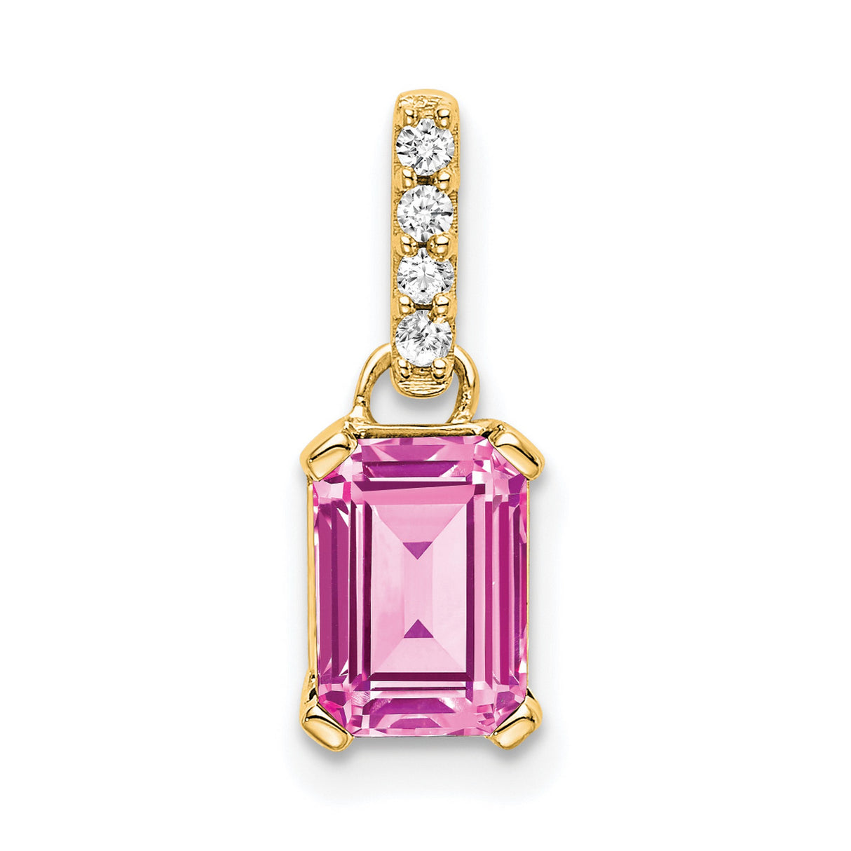 14k Yellow Gold Pendant with Emerald Cut Pink Created Sapphire and Diamond Accent Bail