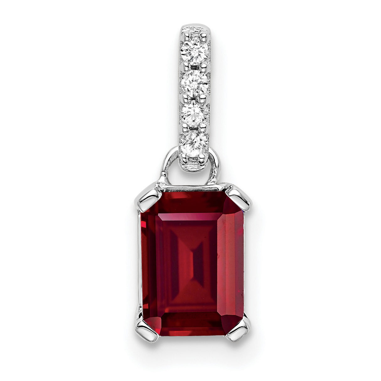 10k White Gold Ruby Pendant with Diamond Accented Bail, Emerald Cut, Romantic Jewelry for Women