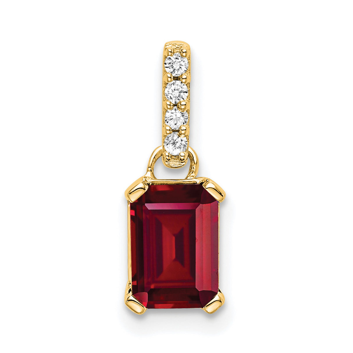 14k Yellow Gold Pendant with Emerald Cut Created Ruby and Diamond Accents, Classic Charm for Women