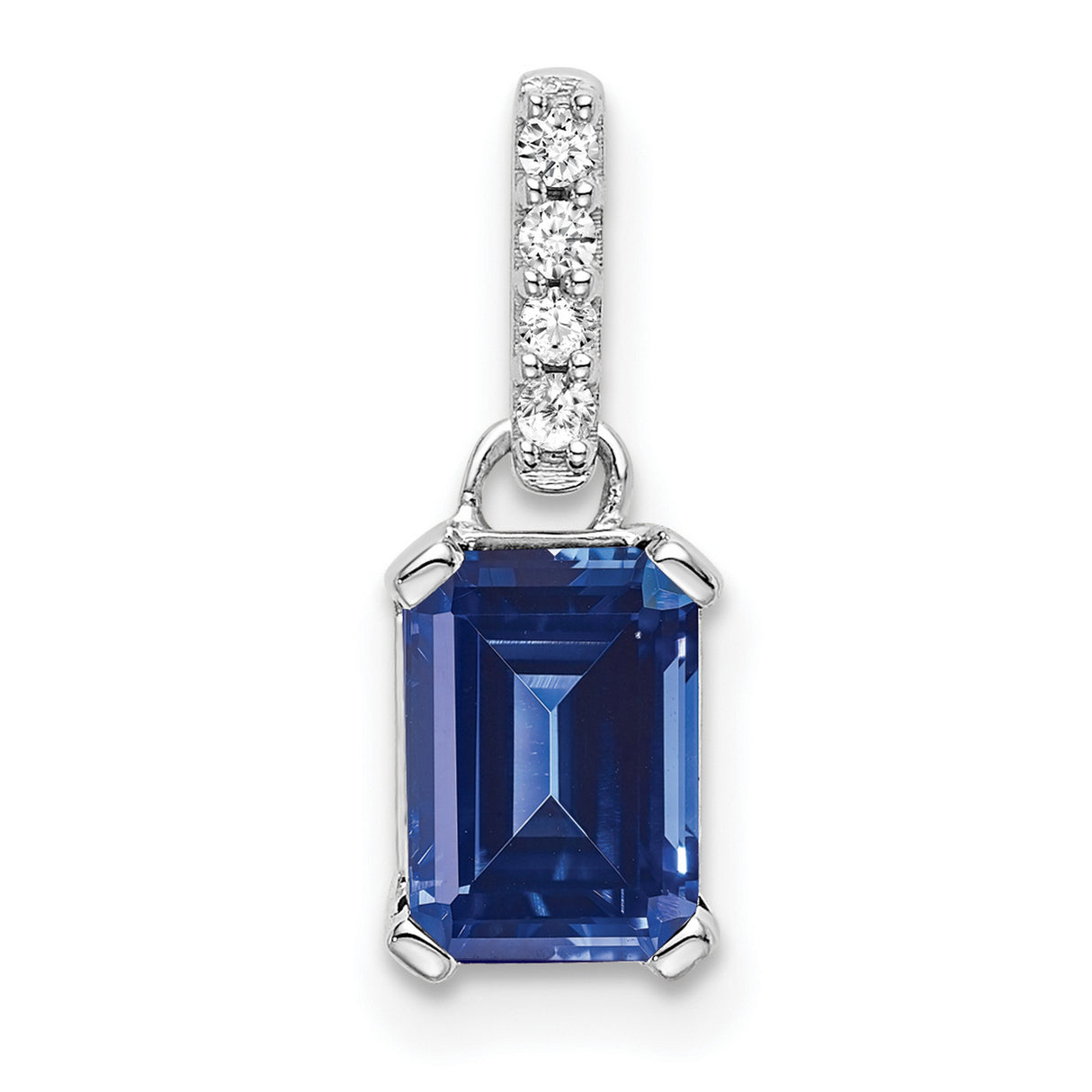 10k White Gold Pendant with Emerald Cut Lab Created Sapphire and Diamond Bail, Classic Design