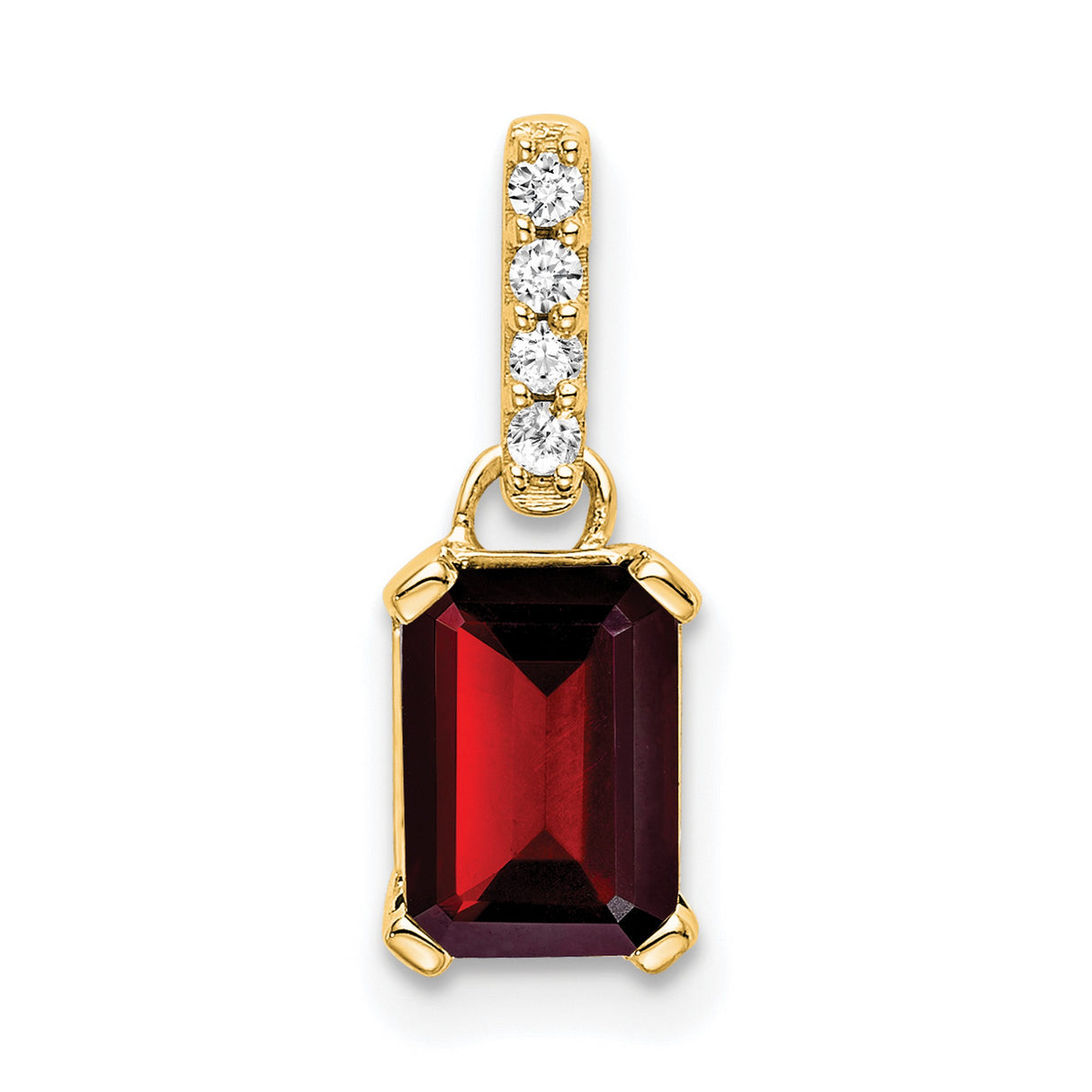 14k Yellow Gold Garnet Pendant with Emerald Cut Gemstone and Diamond Accent Bail