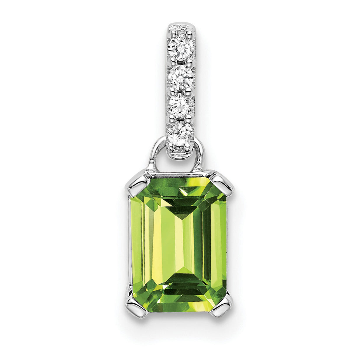 10k White Gold Pendant with Emerald Cut Peridot and Diamond Accents