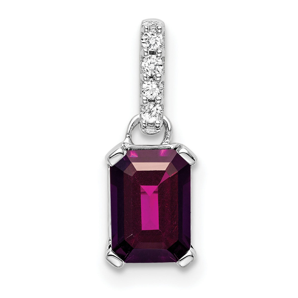 14k White Gold Pendant with Rhodolite Garnet, Emerald Cut and Diamond Accented Bail