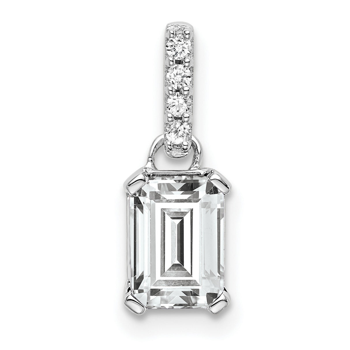 10k White Gold Pendant with Emerald Cut White Topaz and Diamond Accent Bail for Women