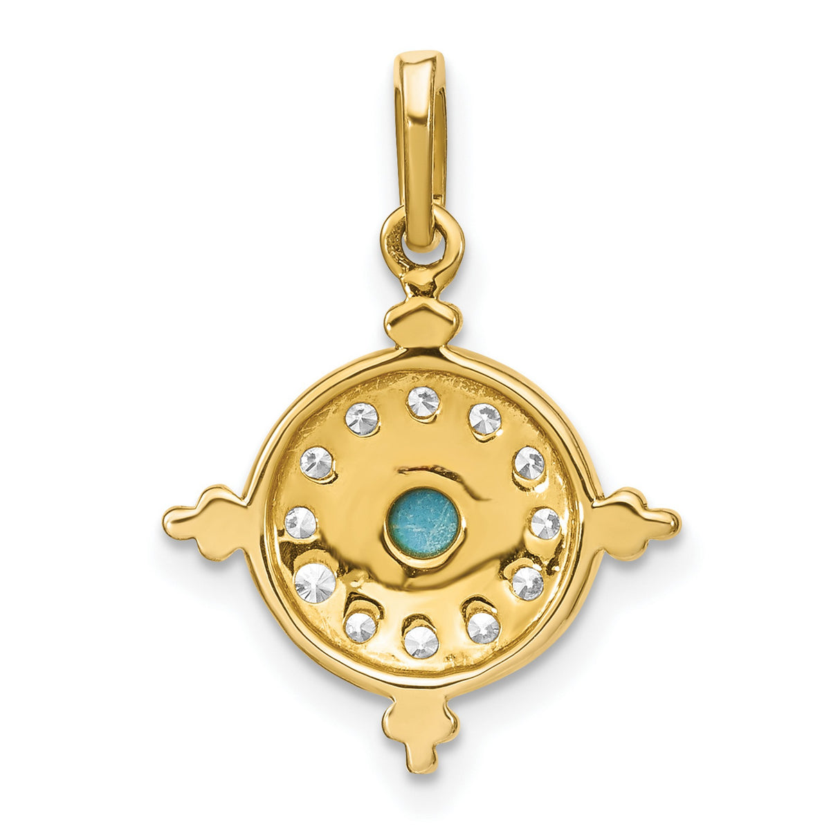 14k Yellow Gold Evil Eye Pendant with Turquoise and Cubic Zirconia, Sunburst Compass Design