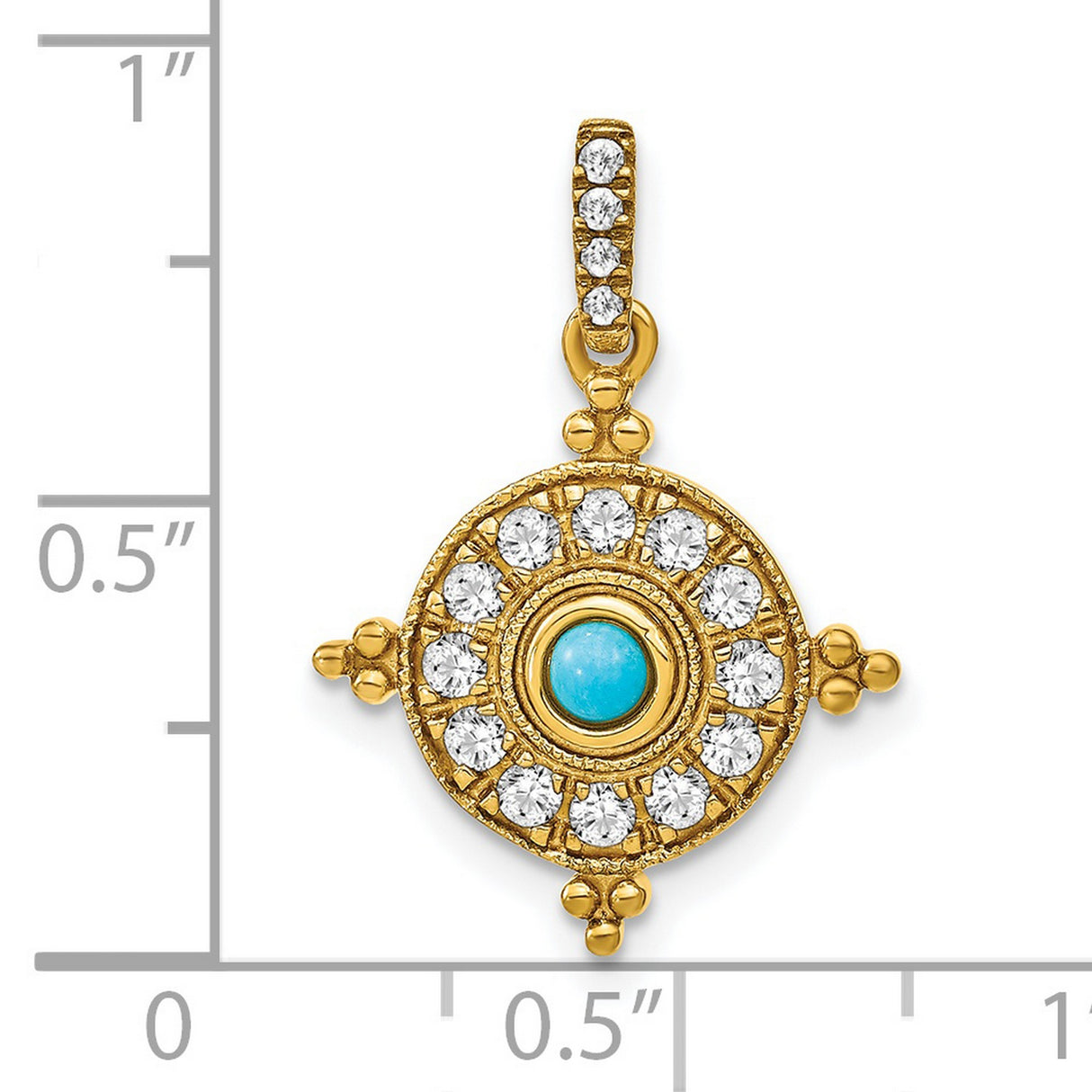 14k Yellow Gold Evil Eye Pendant with Turquoise and Cubic Zirconia, Sunburst Compass Design
