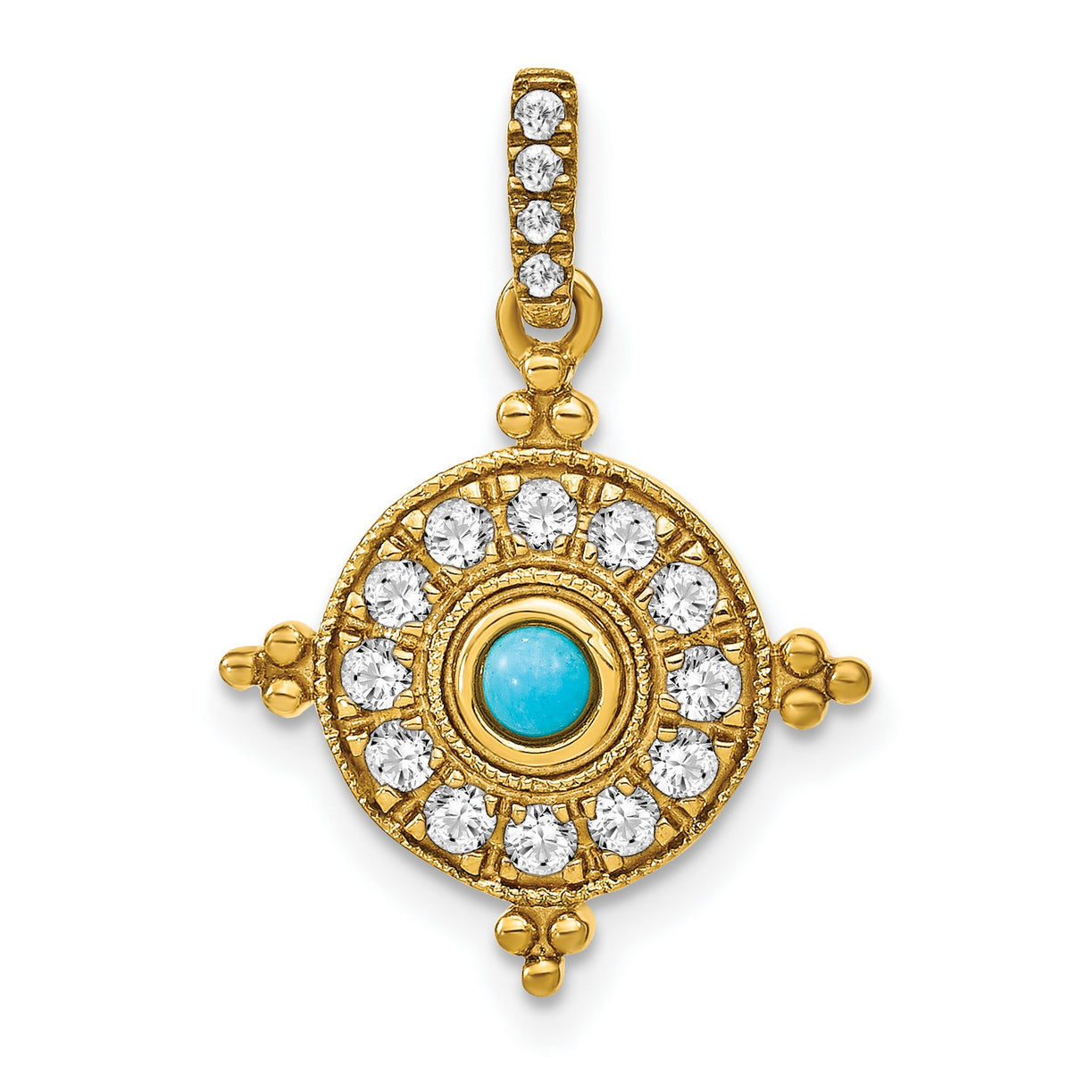 14k Yellow Gold Evil Eye Pendant with Turquoise and Cubic Zirconia, Sunburst Compass Design