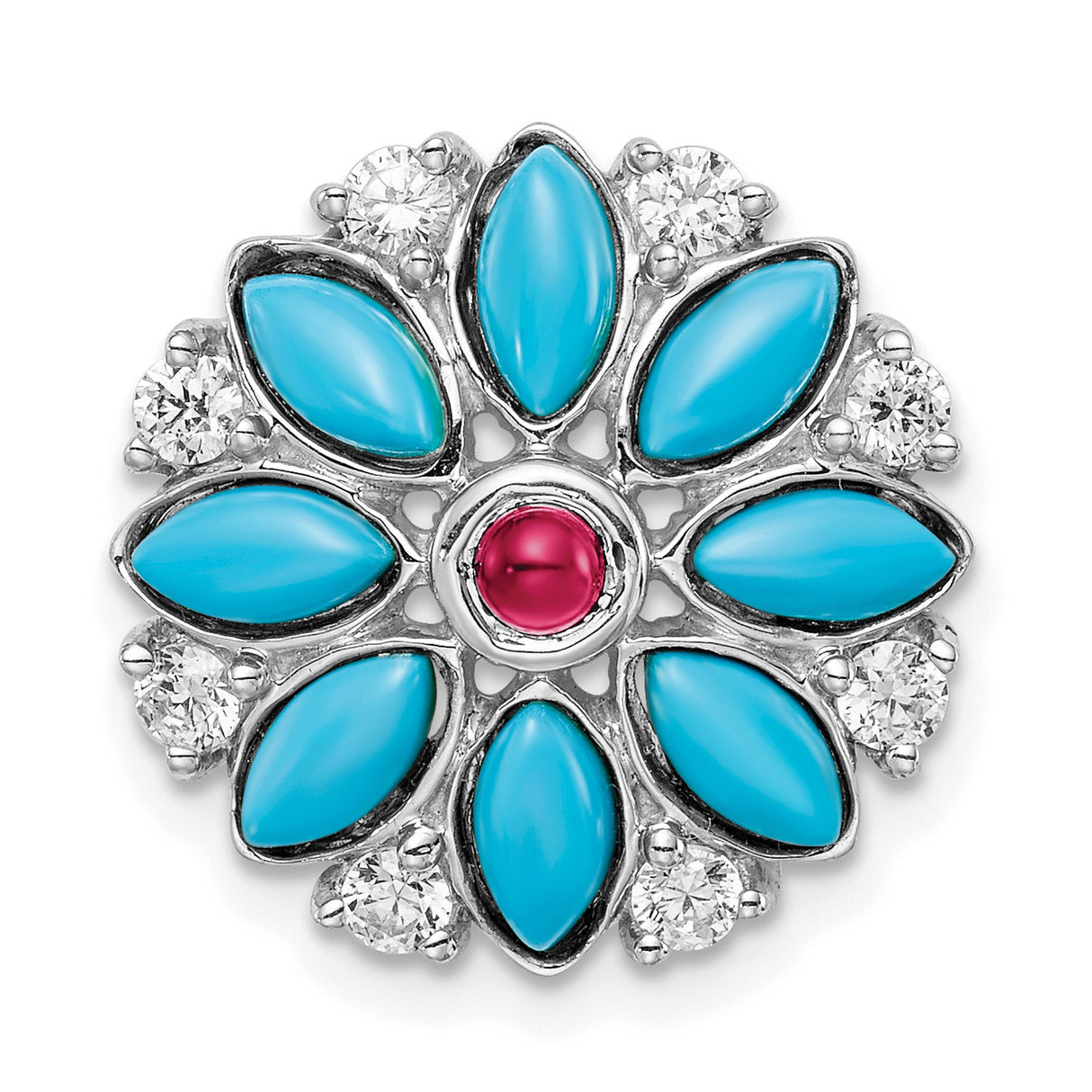 14k White Gold Floral Brooch with Lab Created Ruby, Marquise Turquoise, Diamond Accents