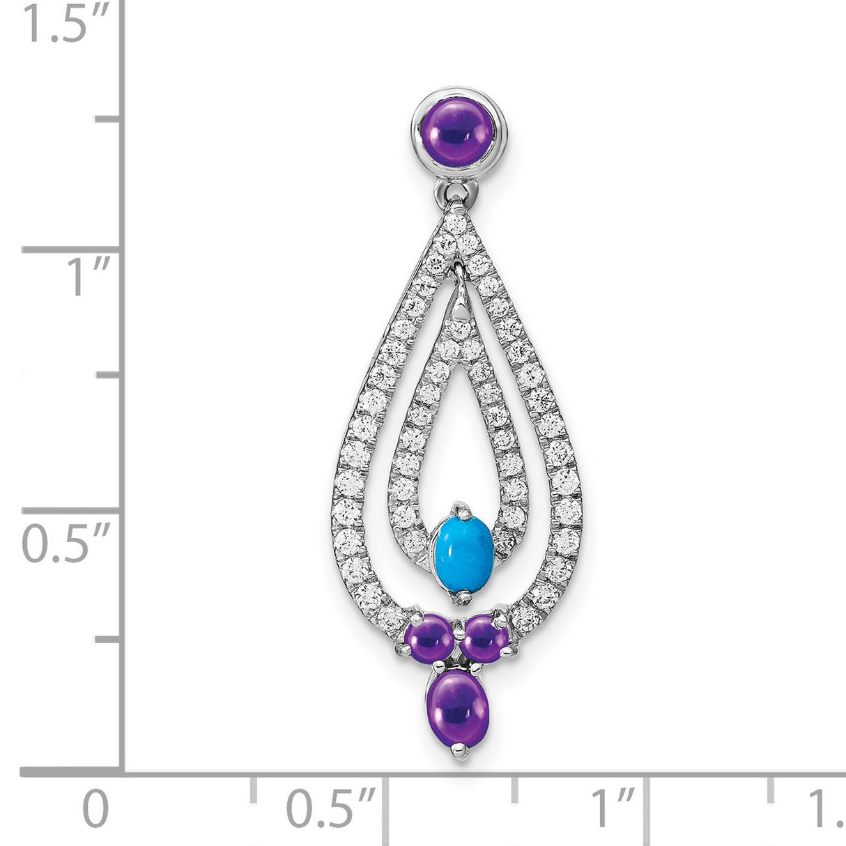 14k White Gold Teardrop Pendant with Amethyst and Turquoise, Diamond Accents, Elegant Style