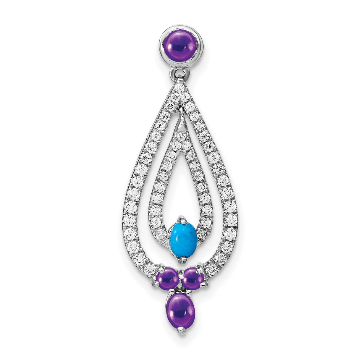14k White Gold Teardrop Pendant with Amethyst and Turquoise, Diamond Accents, Elegant Style