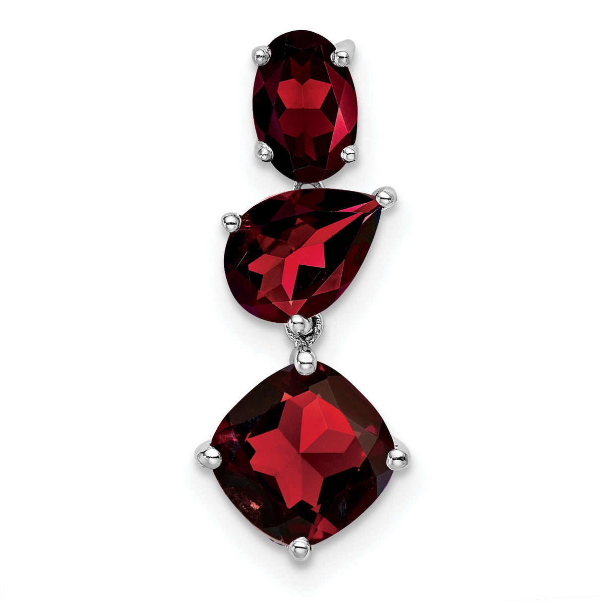 14k White Gold Pendant with Three Garnet Stones in Oval, Pear, and Cushion Cuts
