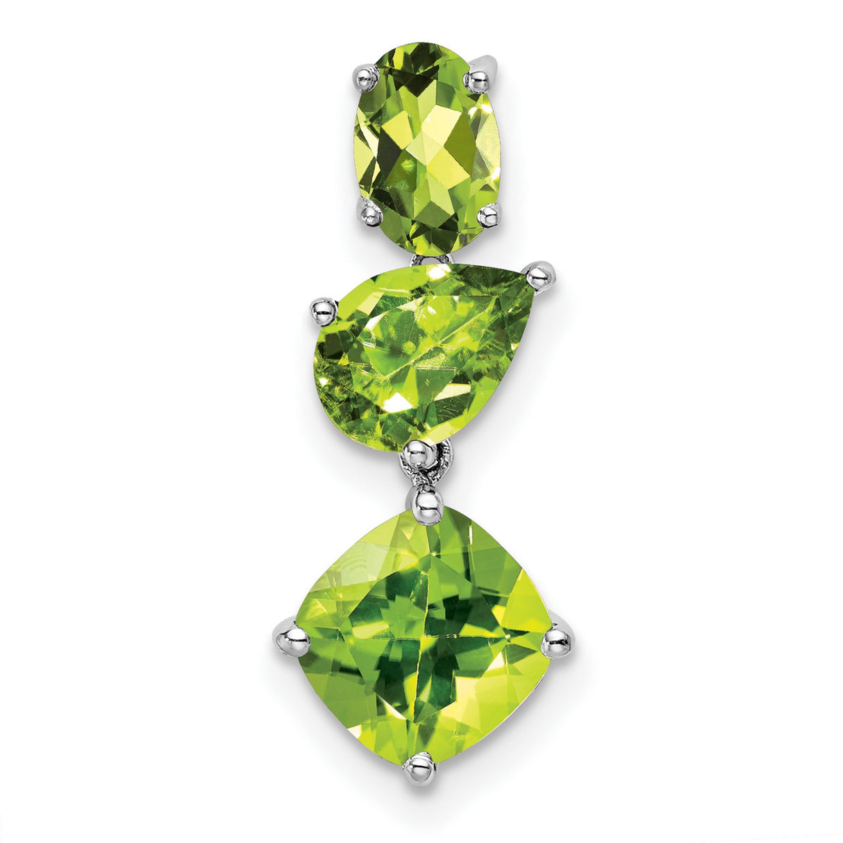 14k White Gold Pendant with Oval, Pear, and Cushion Peridot, Triple Gemstone Dangle Design