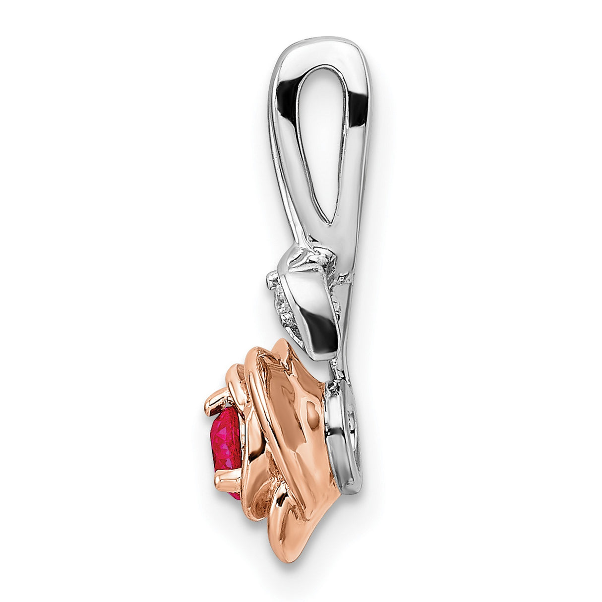 14k Two-Tone Gold Rose Flower Pendant with Ruby and Diamond Leaf Accent